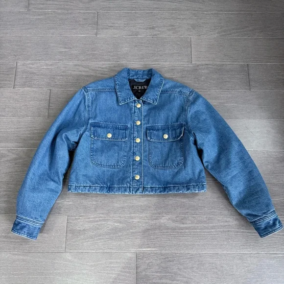J Crew Cropped Denim Puffer Jacket Blue Quilted Jean Coat 90s Street Style S - Picture 10 of 13